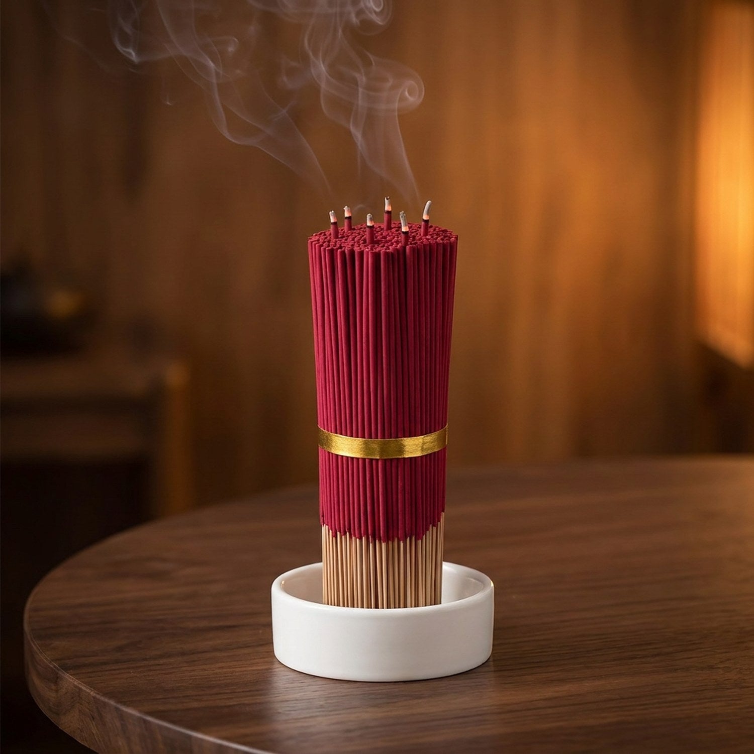 Bâtonnets d'encens sang de dragon rouge dans un support en céramique sur table en noyer ambiance chaleureuse