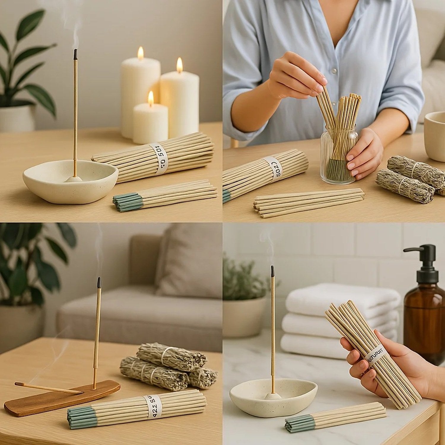 Collage lifestyle bâtonnets d'encens sauge en différentes scènes d'utilisation