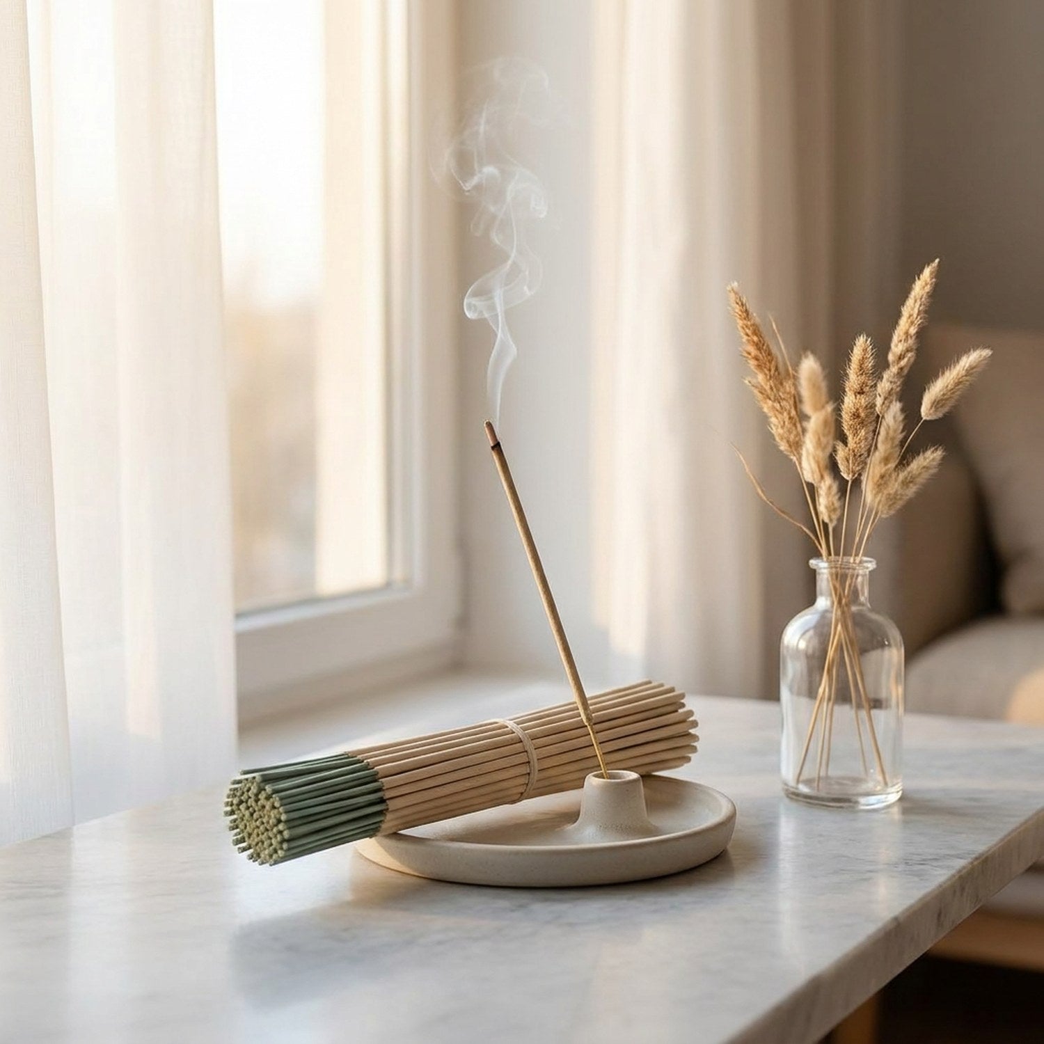 Bâtonnets d'encens sauge allumé sur une surface en marbre avec des herbes séchées dans un vase en verre