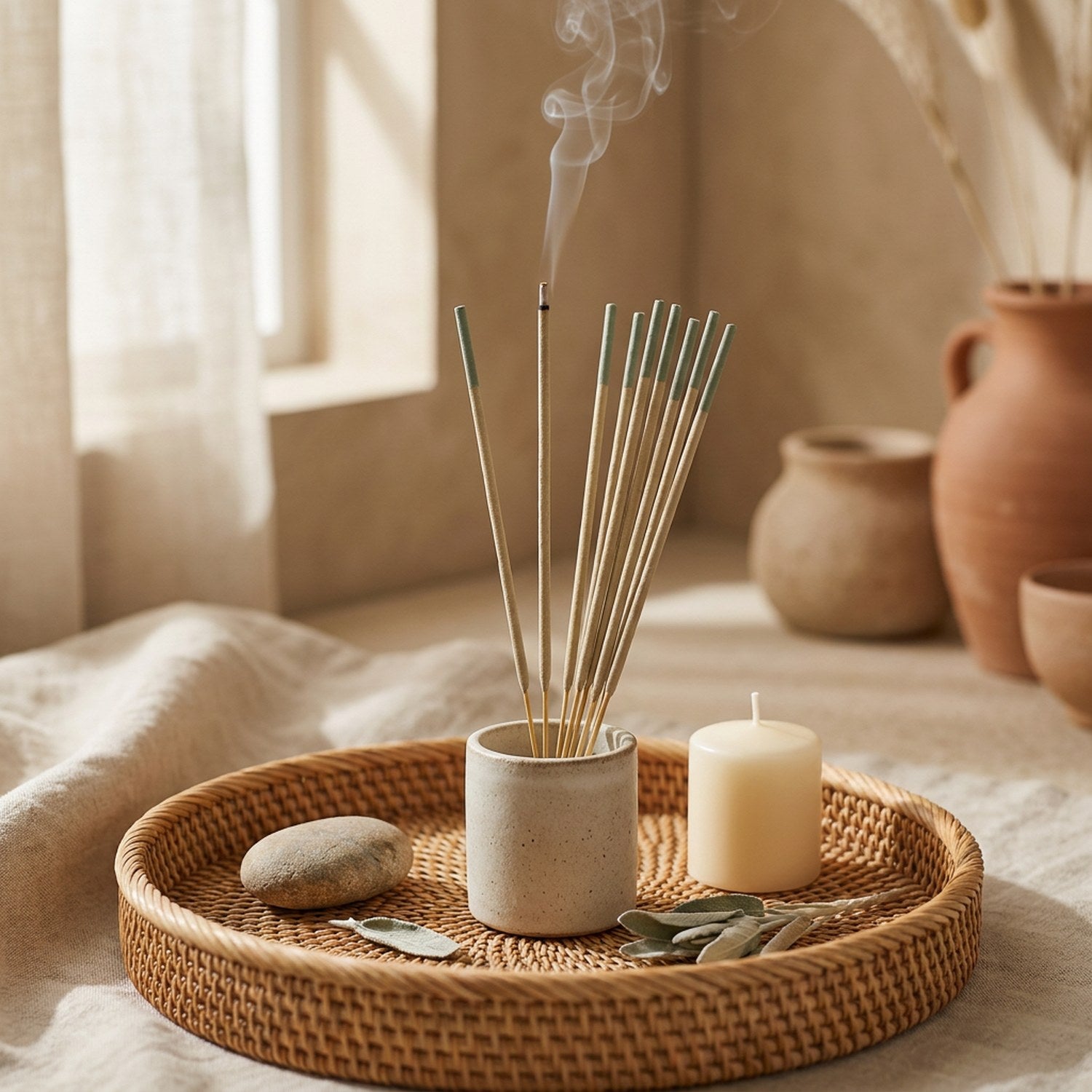 Bâtonnets d'encens sauge sur un plateau en rotin avec bougie et pierre dans une atmosphère zen