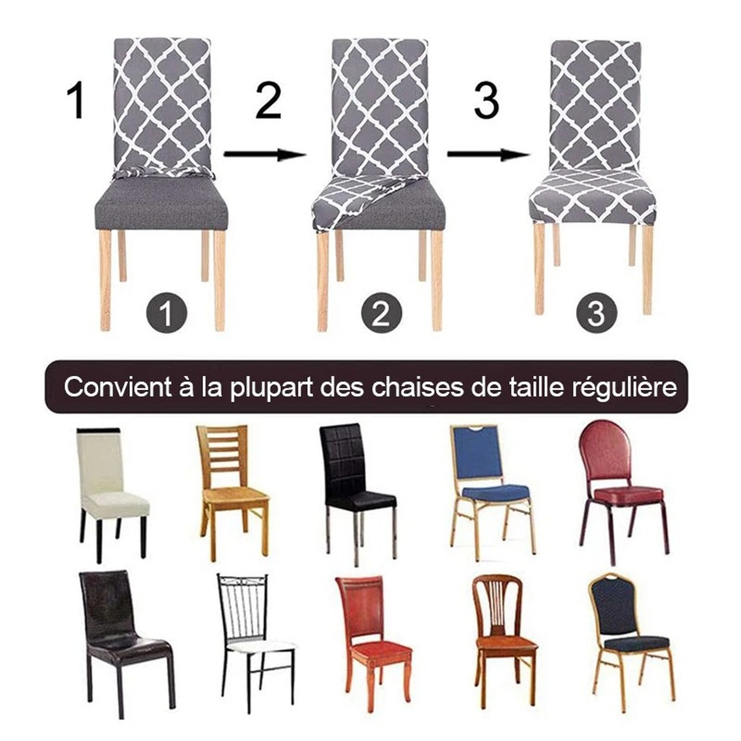 Étapes d'installation de la housse de chaise et exemples de chaises compatibles