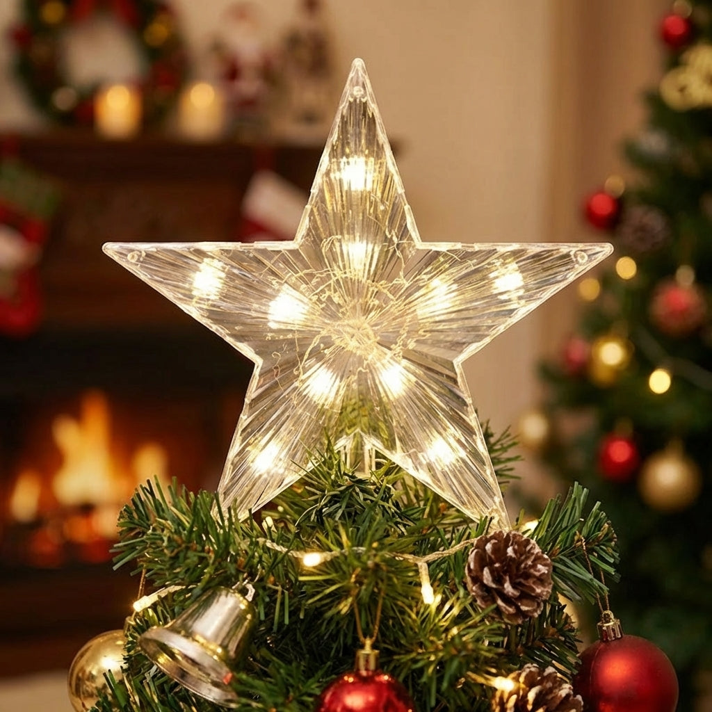 Étoile lumineuse LED transparente blanc chaud au sommet d un sapin de Noël décoré