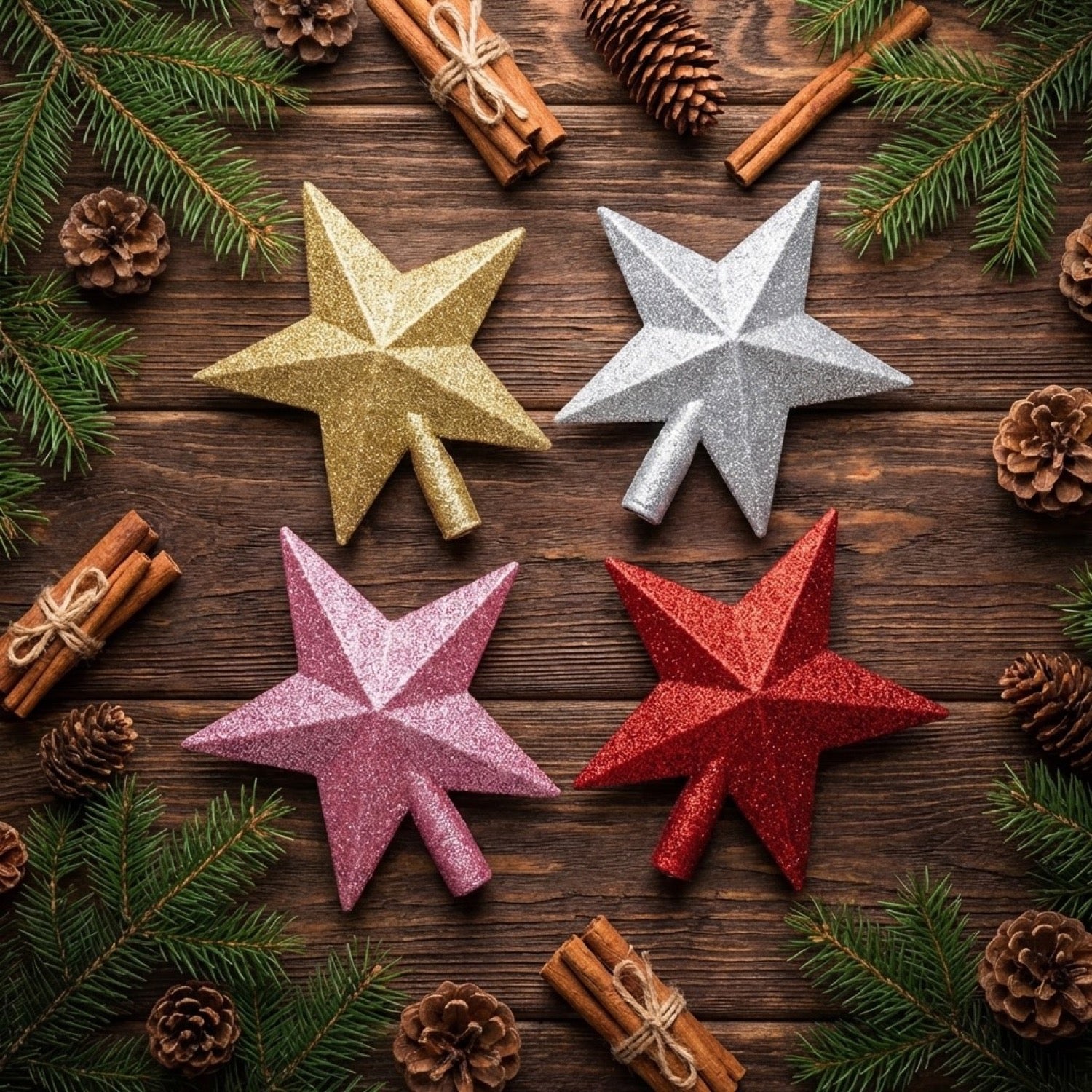 Quatre étoiles de sapin pailletées dorée argentée rose et rouge sur bois rustique