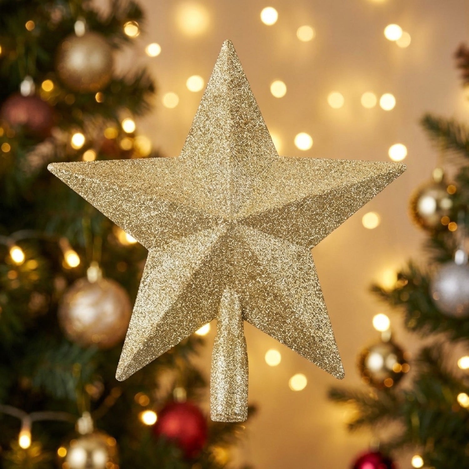 Étoile de Noël cime de sapin pailletée dorée cinq branches avec base tubulaire