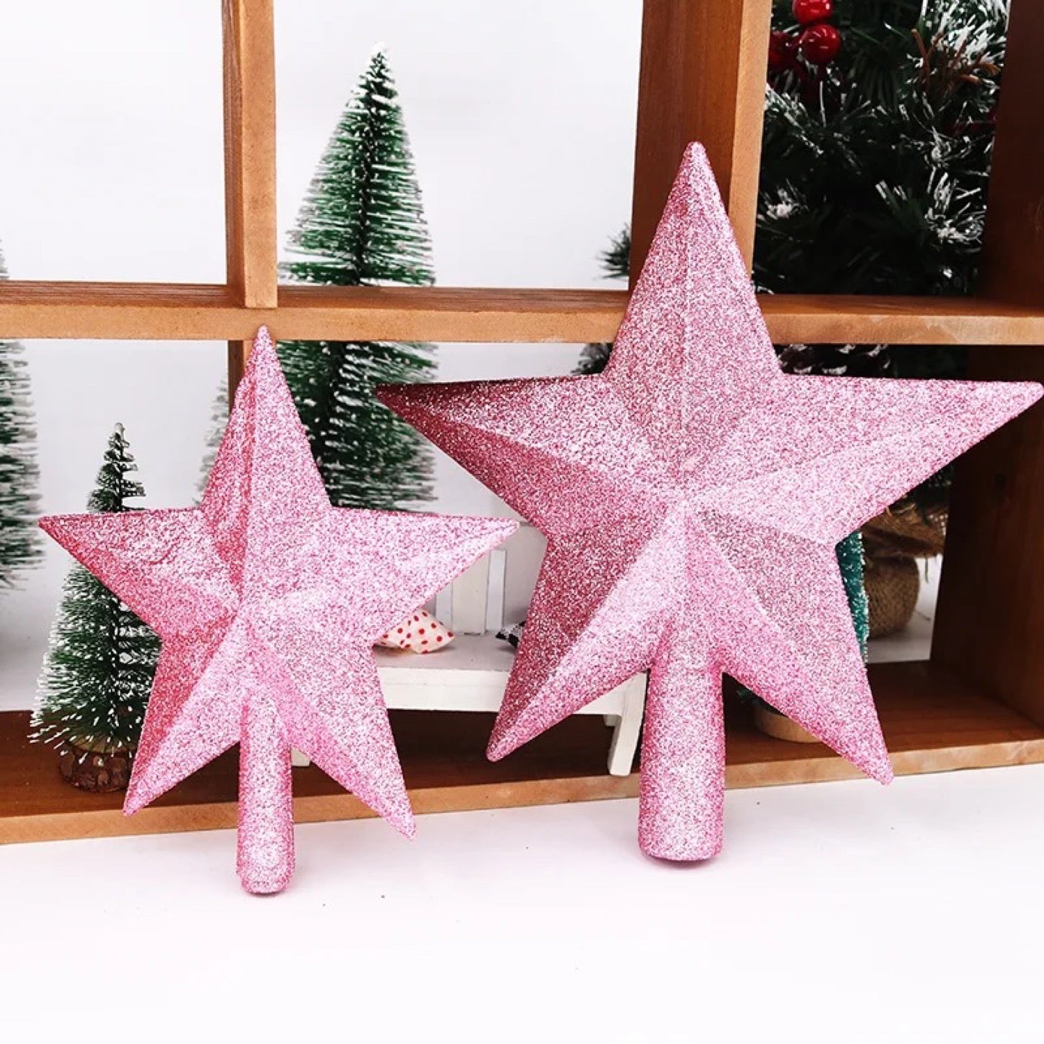 Deux étoiles de sapin pailletées roses tailles 15 et 20 centimètres