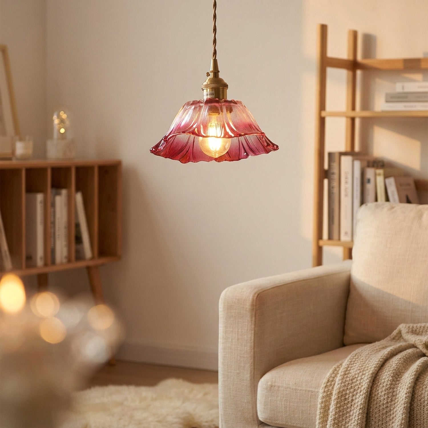 Suspension en verre rose petite fleur 19cm dans un salon cosy avec fauteuil et bibliothèque