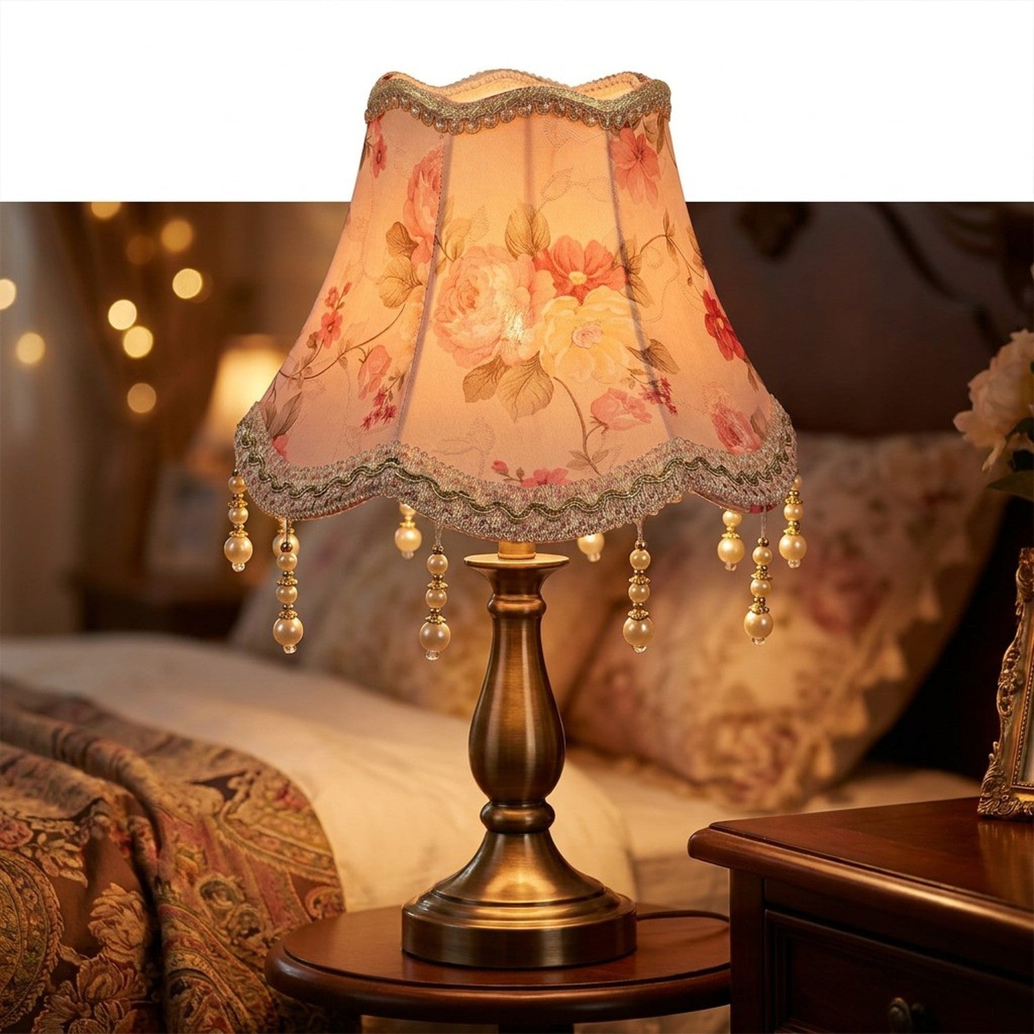 Abat-jour tissu rose à franges perlées vintage sur lampe de table