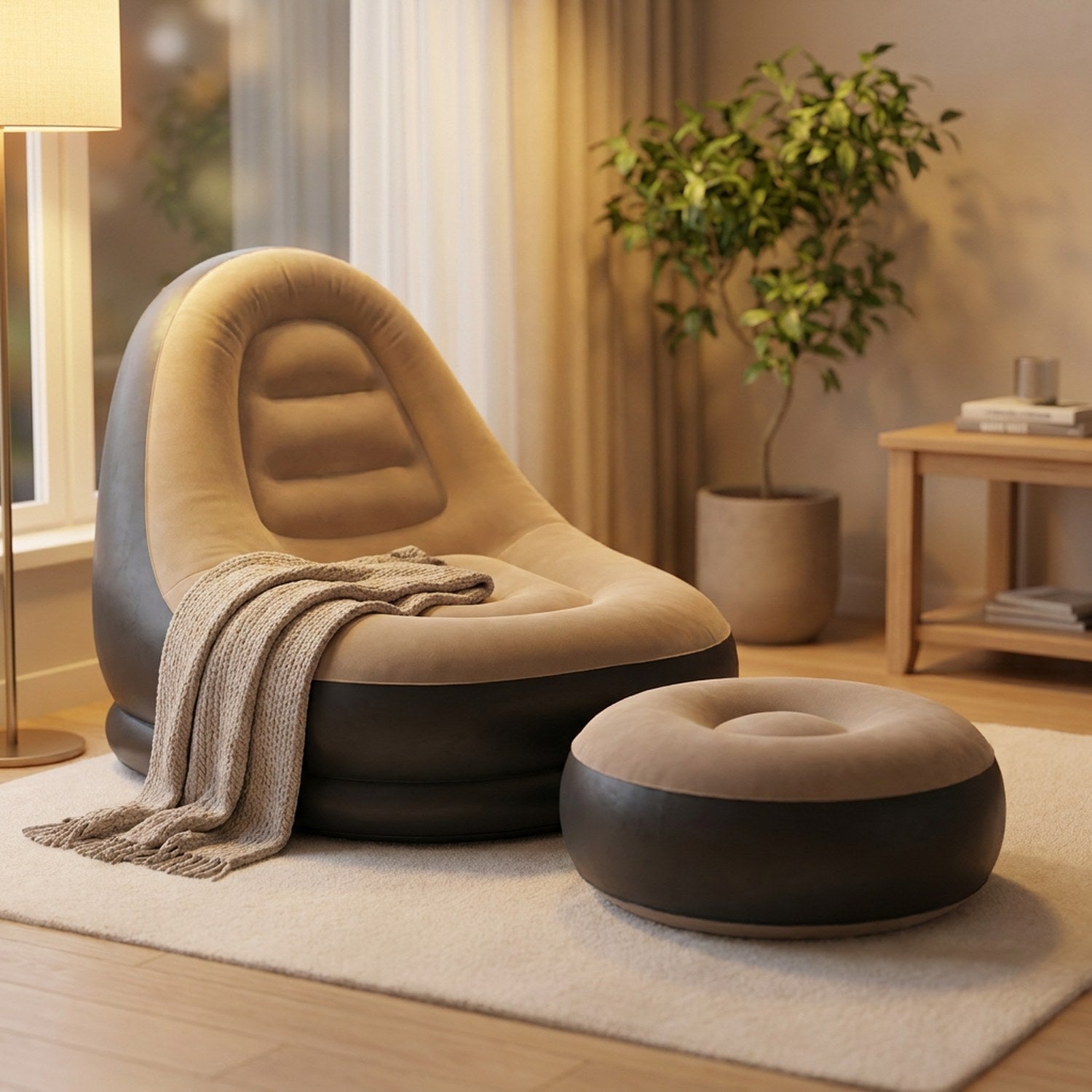 Fauteuil gonflable beige et son pouf dans un coin détente cosy avec plaid et lampe
