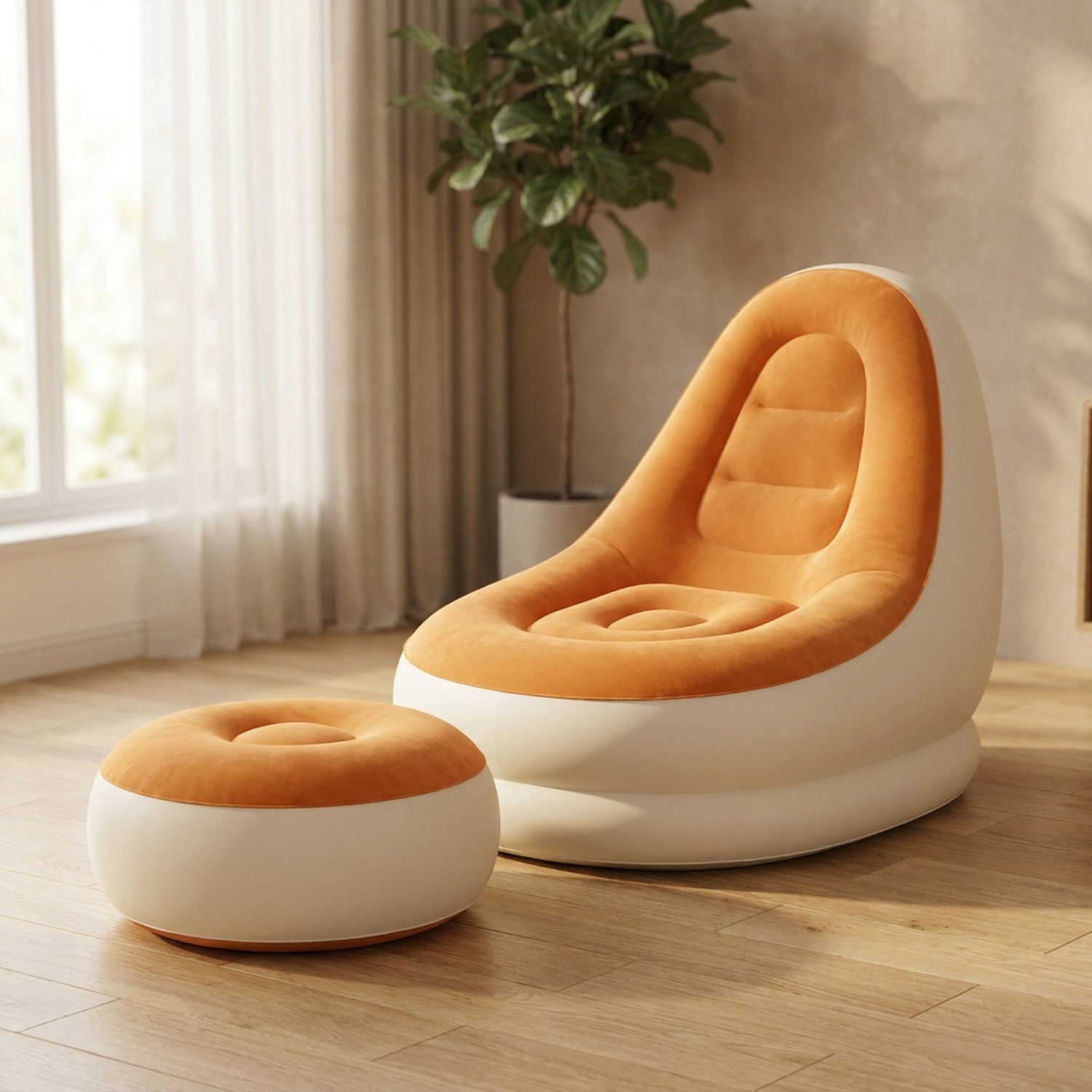 Fauteuil gonflable orange avec pouf assorti à la surface effet peluche