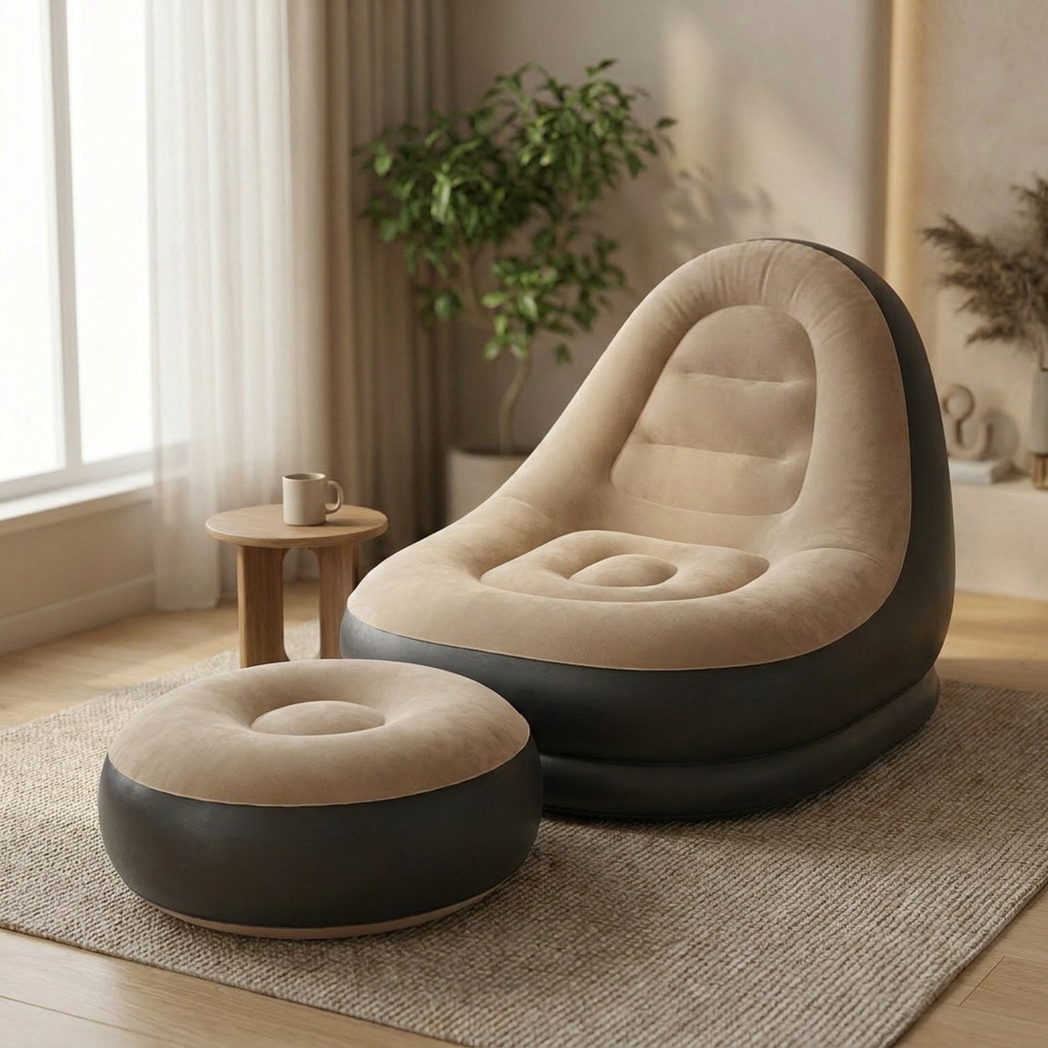 Fauteuil gonflable beige avec pouf assorti dans un salon moderne lumineux