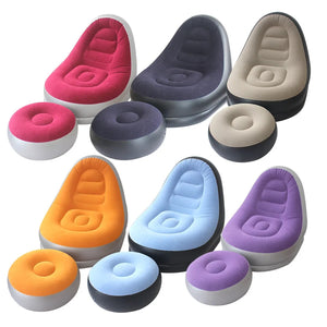 Les six coloris du fauteuil gonflable avec pouf alignés