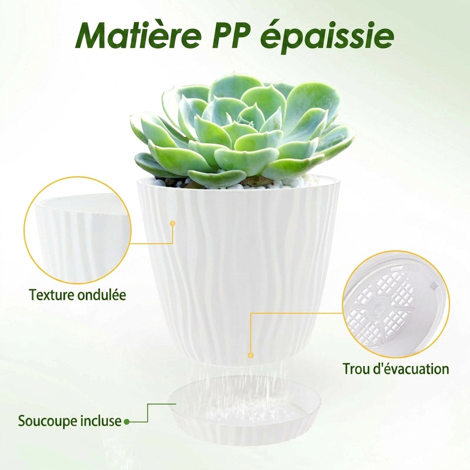 Caractéristiques du cache-pot : matière PP épaissie, texture ondulée, trou d'évacuation, soucoupe incluse