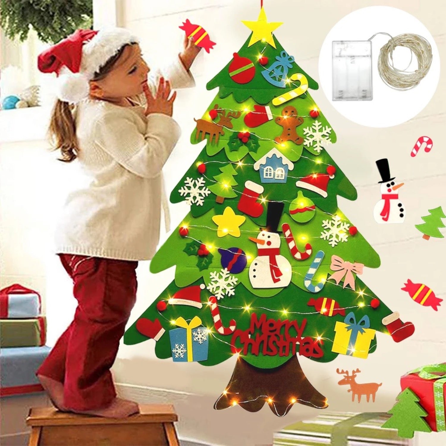 Arbre de Noël en feutre modèle 1 avec guirlande lumineuse LED et ornements