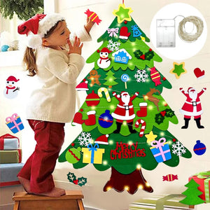 Arbre de Noël en feutre modèle 2 avec guirlande lumineuse LED et Père Noël