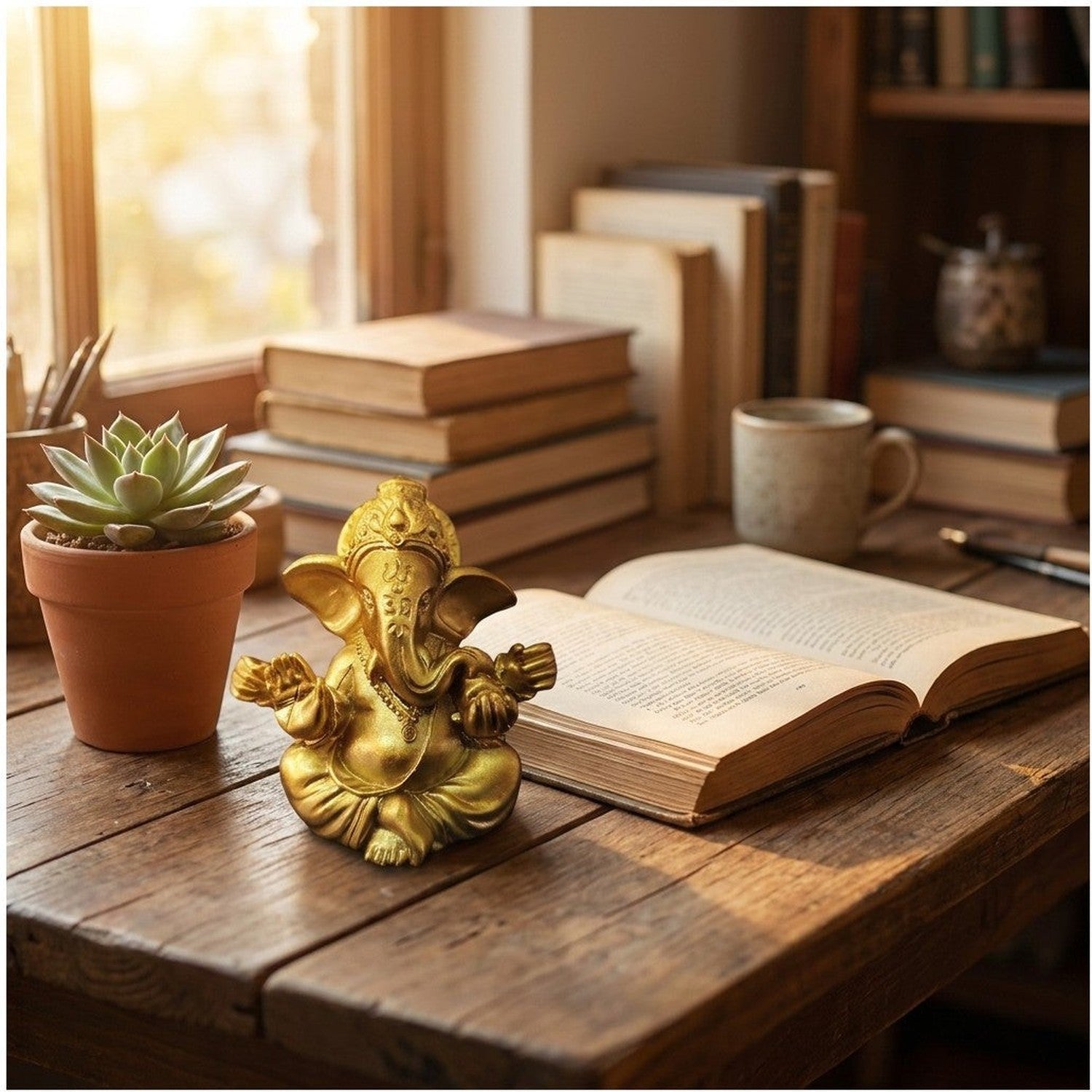 Figurine Ganesha dorée sur bureau en bois avec livre ouvert et plante succulente
