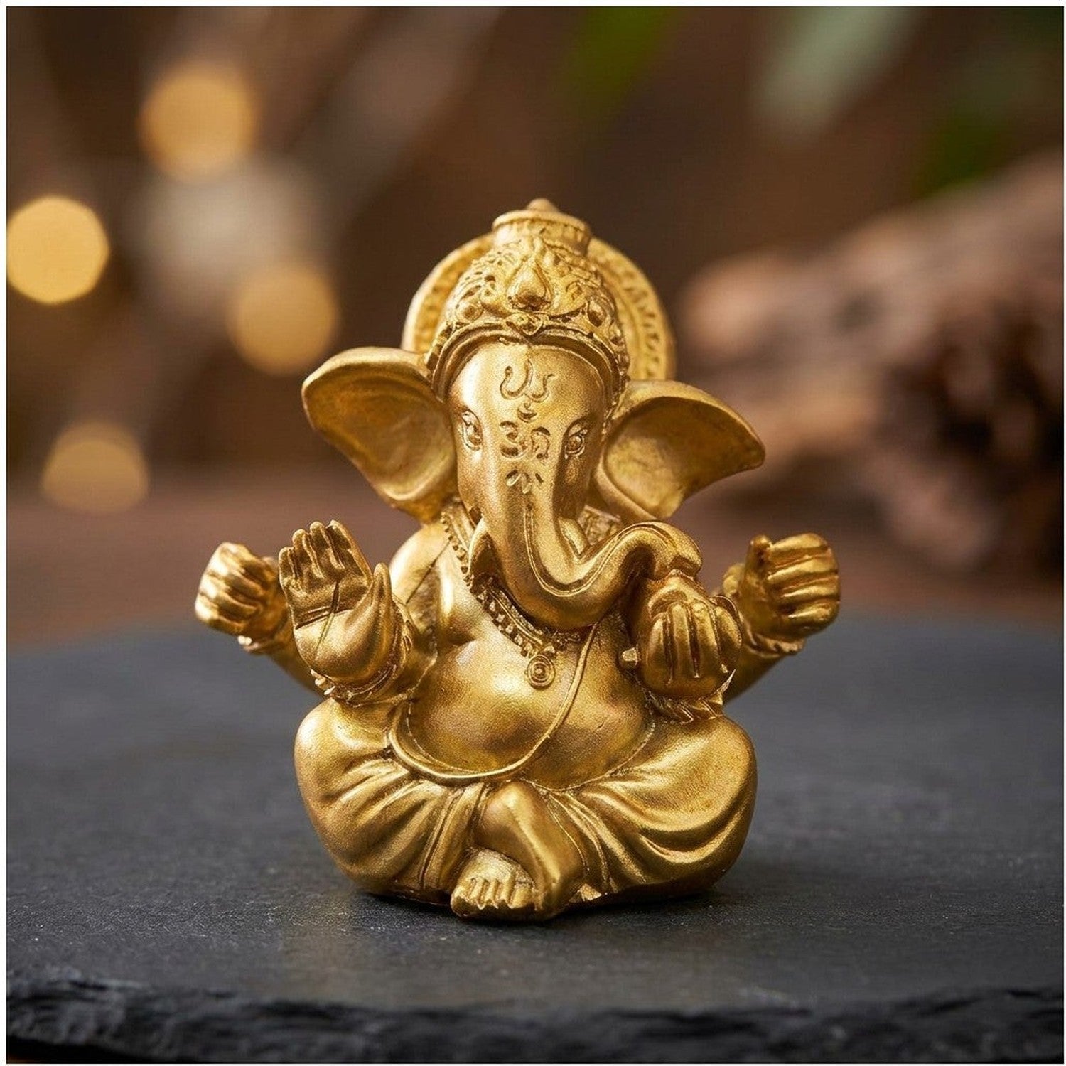 Figurine Ganesha dorée en résine posée sur une ardoise sombre avec bokeh chaleureux