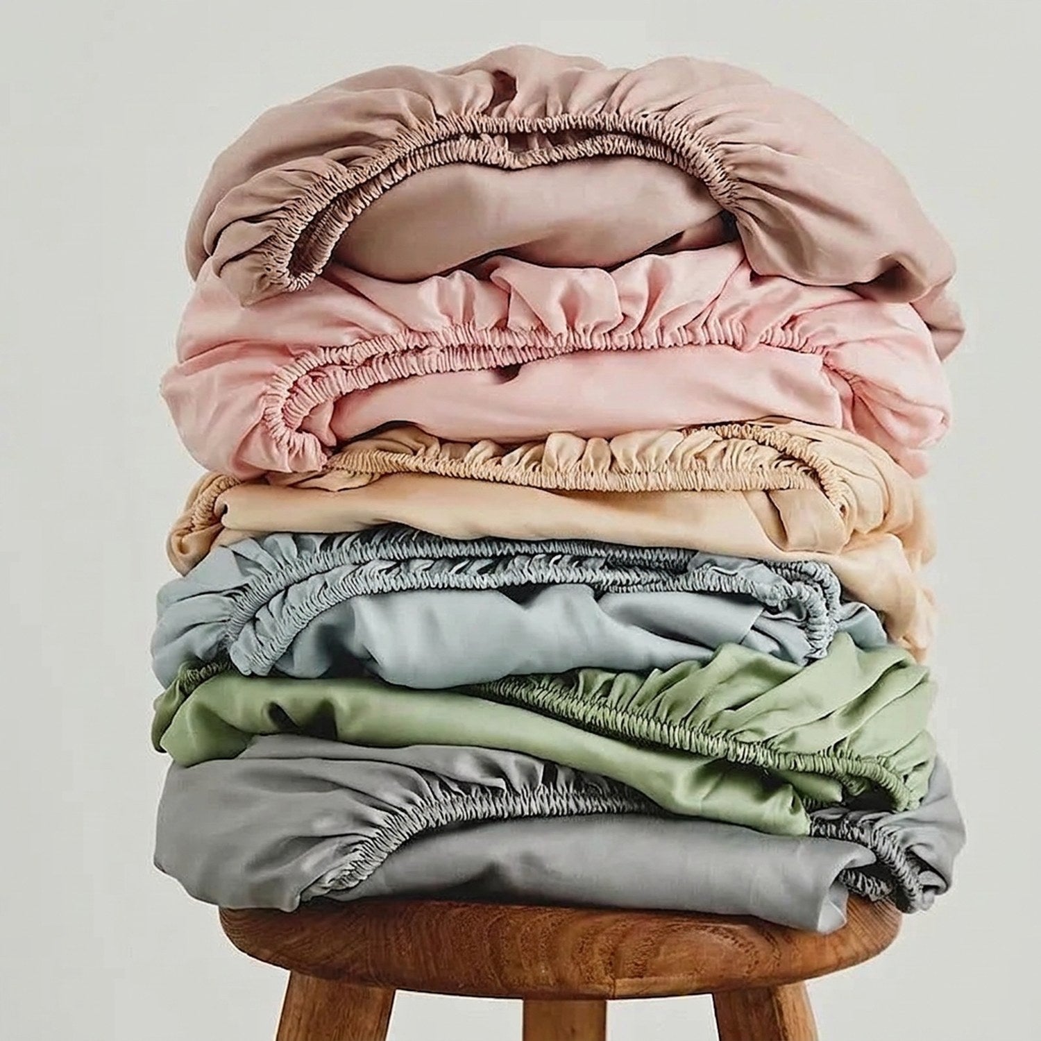 Pile de draps-housses en coton pliés dans plusieurs coloris