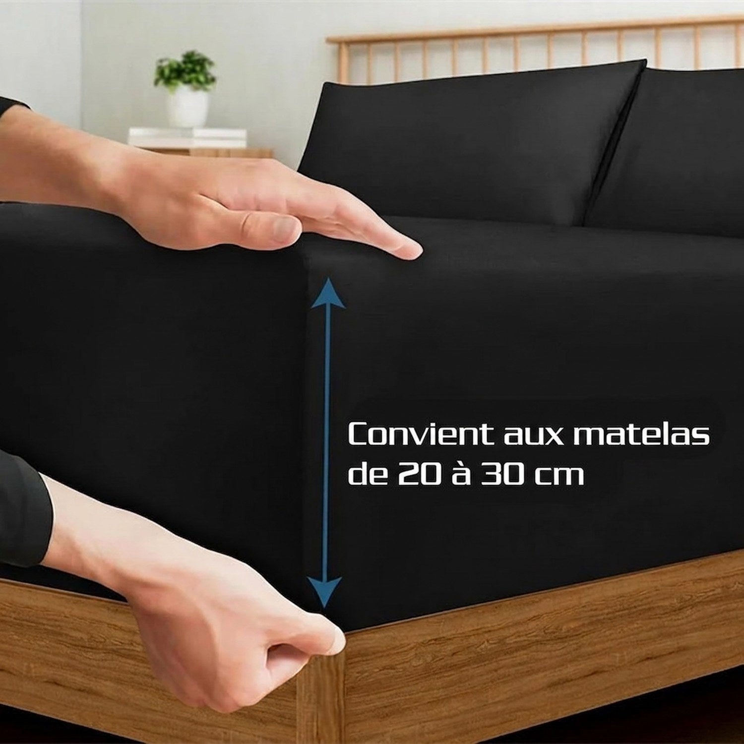 Drap-housse ajusté sur un matelas profond avec indication de la profondeur en centimètres