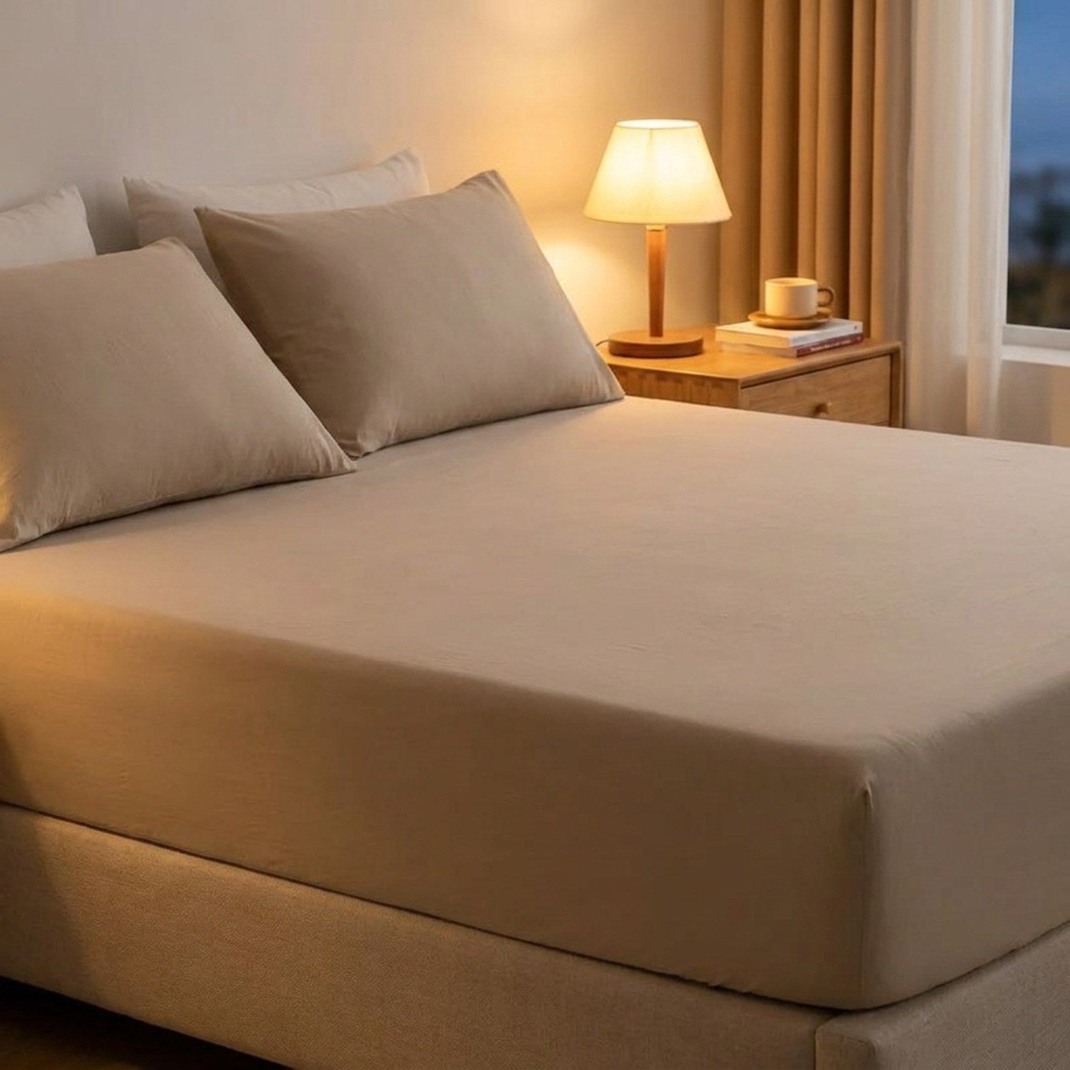 Drap-housse beige sur un lit dans une chambre moderne avec lampe de chevet allumée