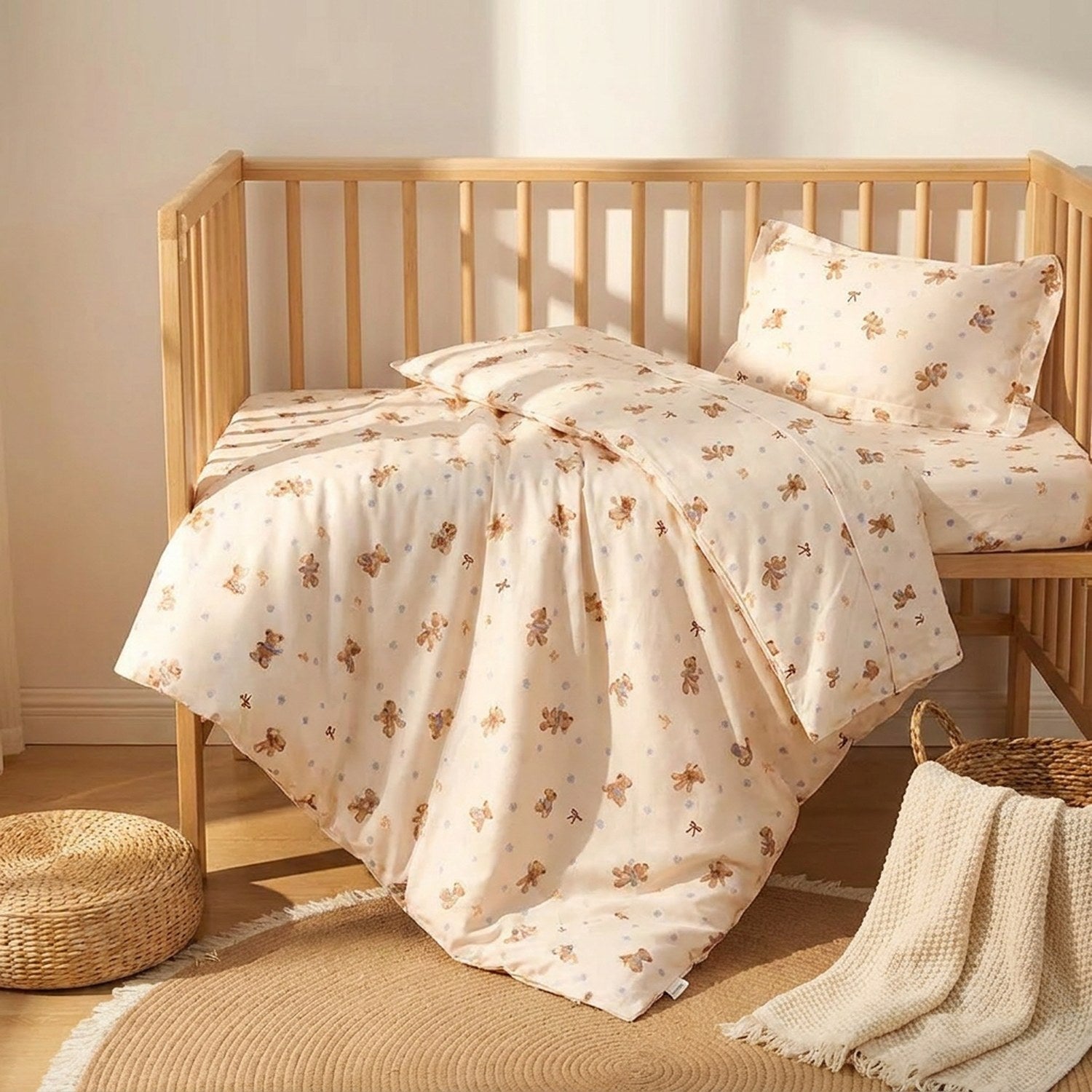 Parure de lit bébé au motif ours en peluche beige installée sur un lit à barreaux dans une chambre ensoleillée