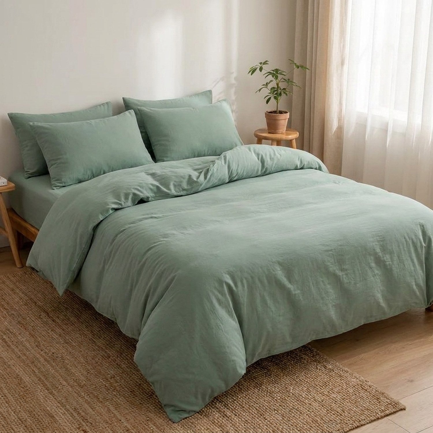 Parure de lit unie vert foncé posée sur un lit dans une chambre calme et naturelle