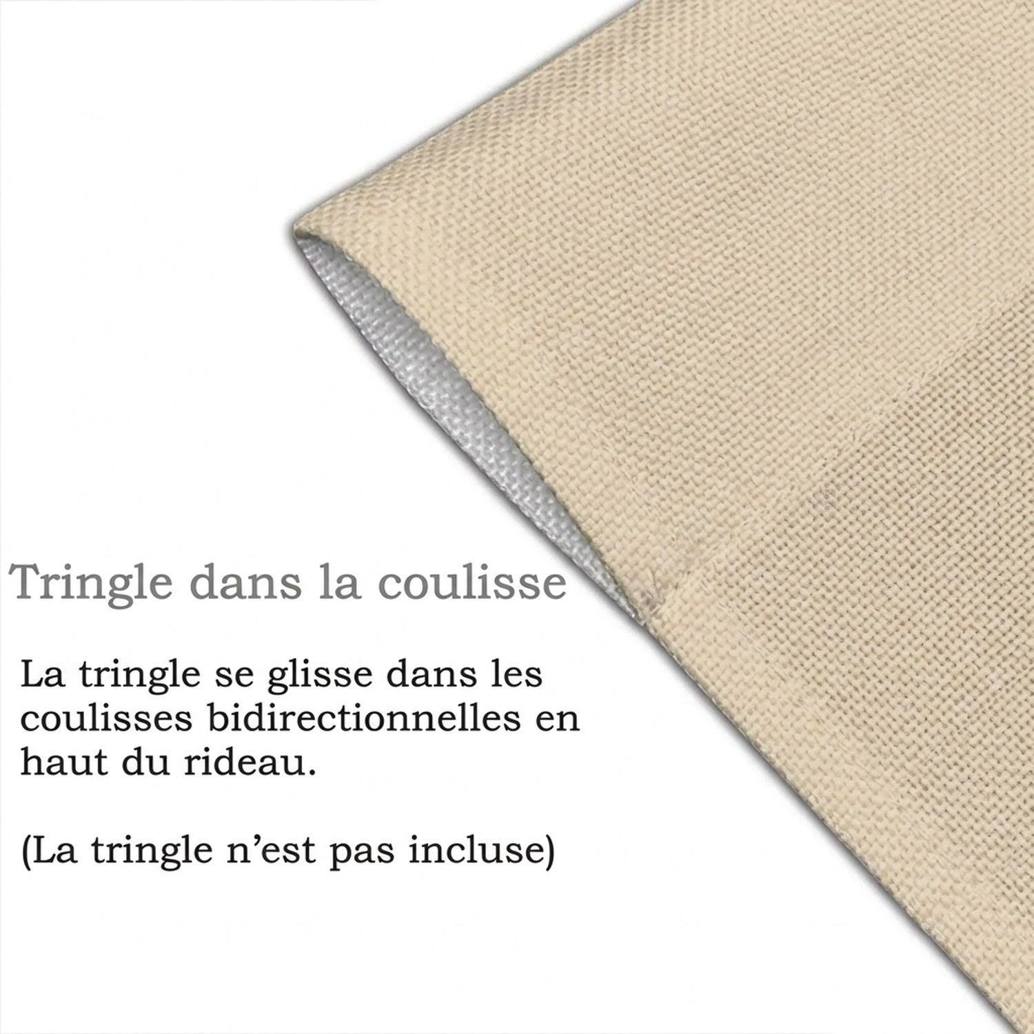 Détail du tissu et passage de la tringle en haut du rideau