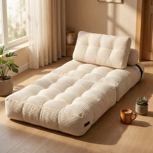 Chaise convertible dépliée en lit d'appoint blanc dans un coin lecture ensoleillé