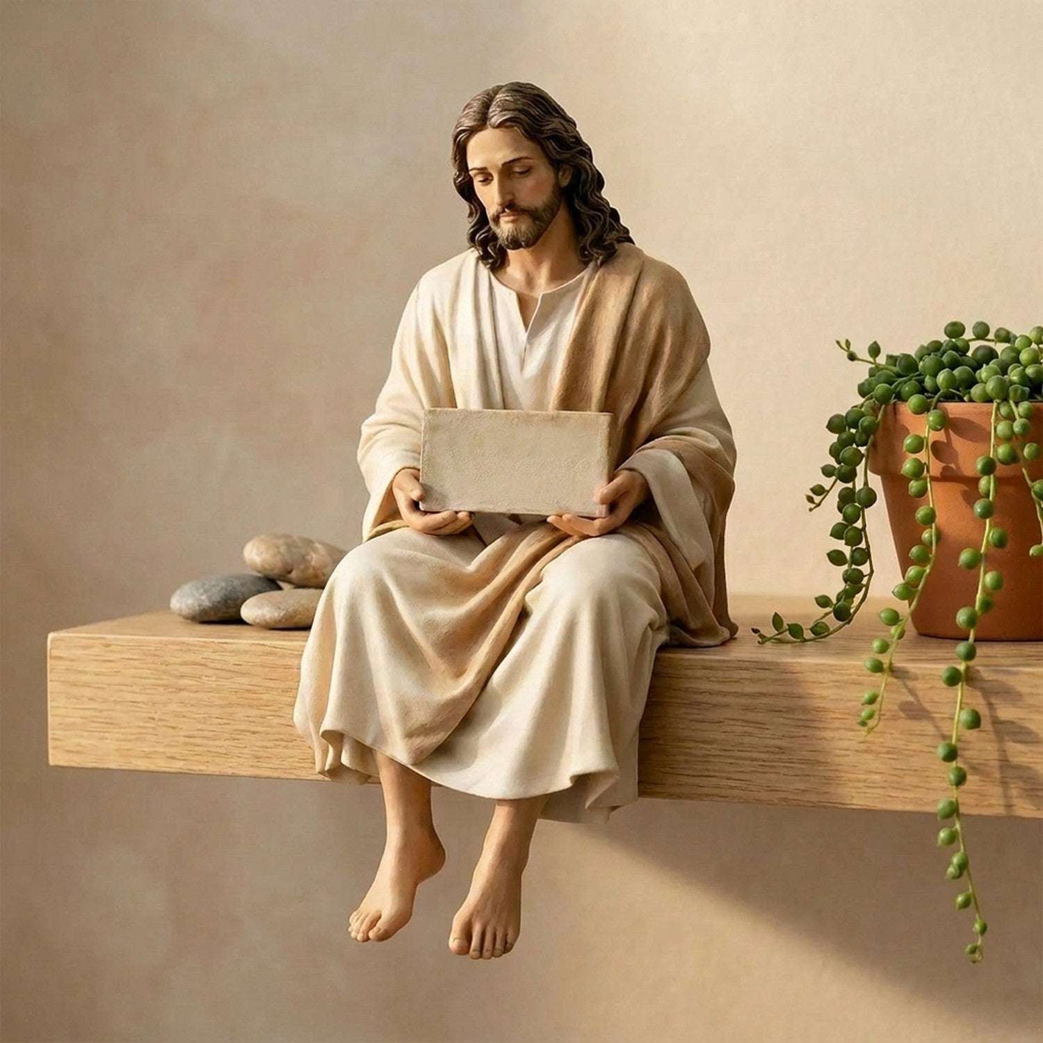 Statue de Jésus assis au bord d'une étagère en chêne avec une plante retombante