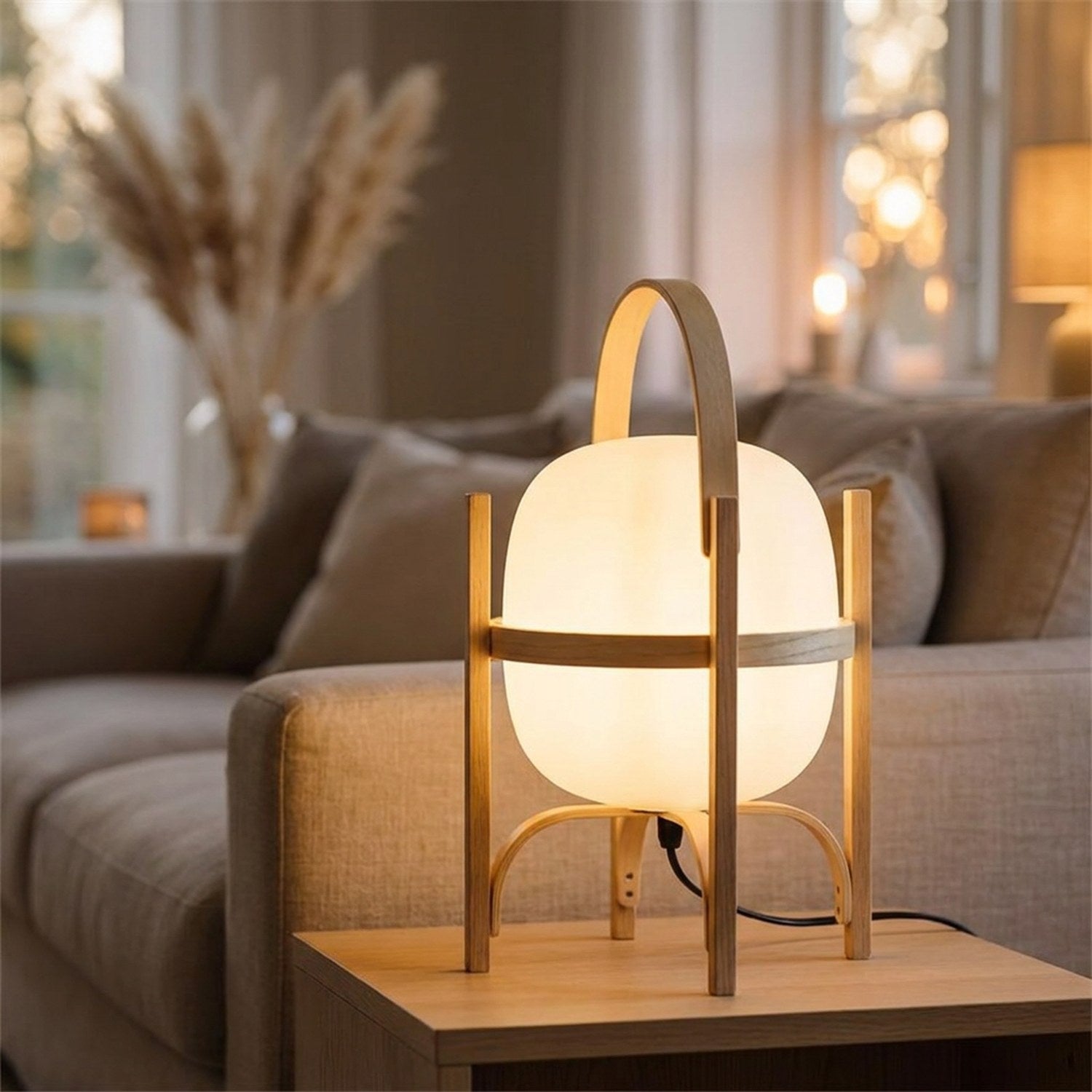 Lampe lanterne en bois allumee sur une table basse pres d un canape en lin