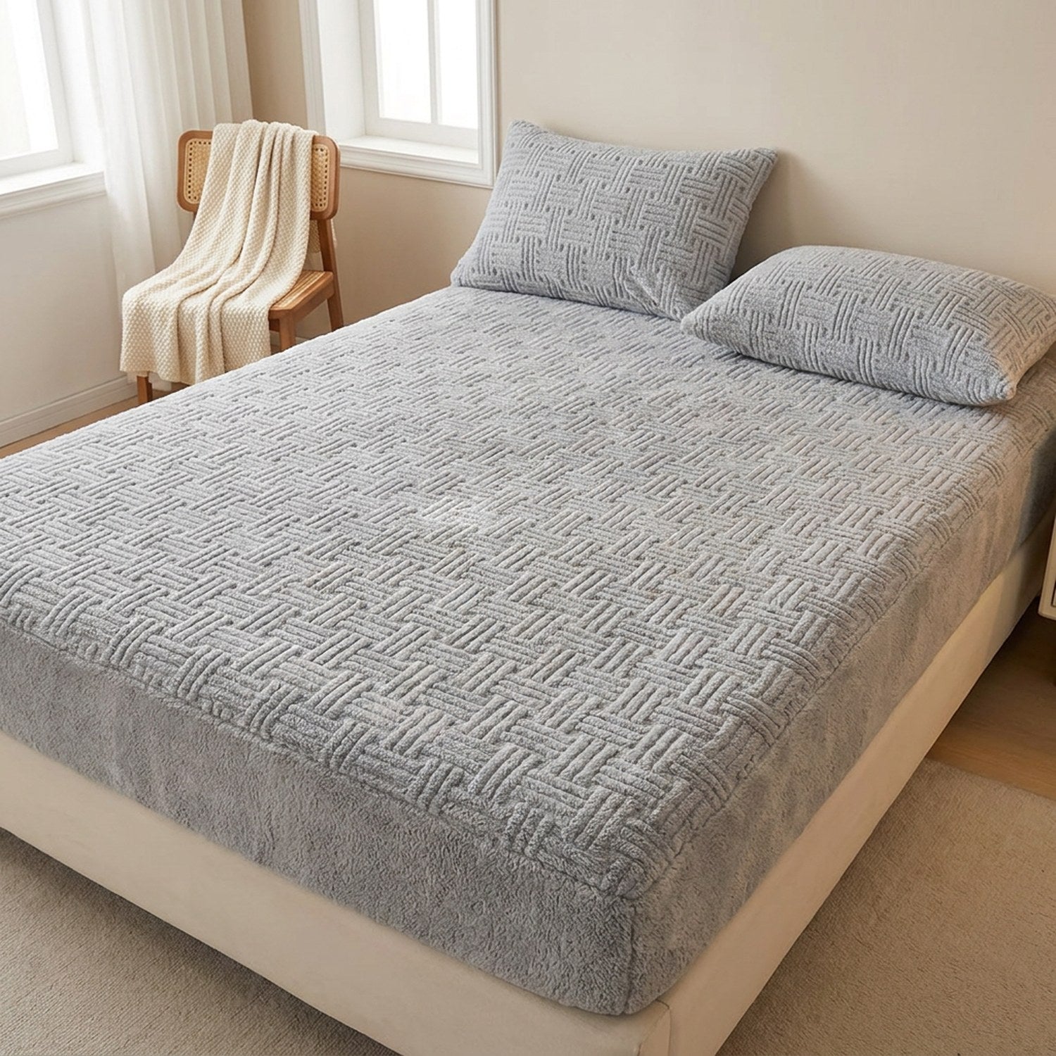 Drap-housse gris en peluche gaufrée sur un lit dans une chambre calme avec chaise en bois