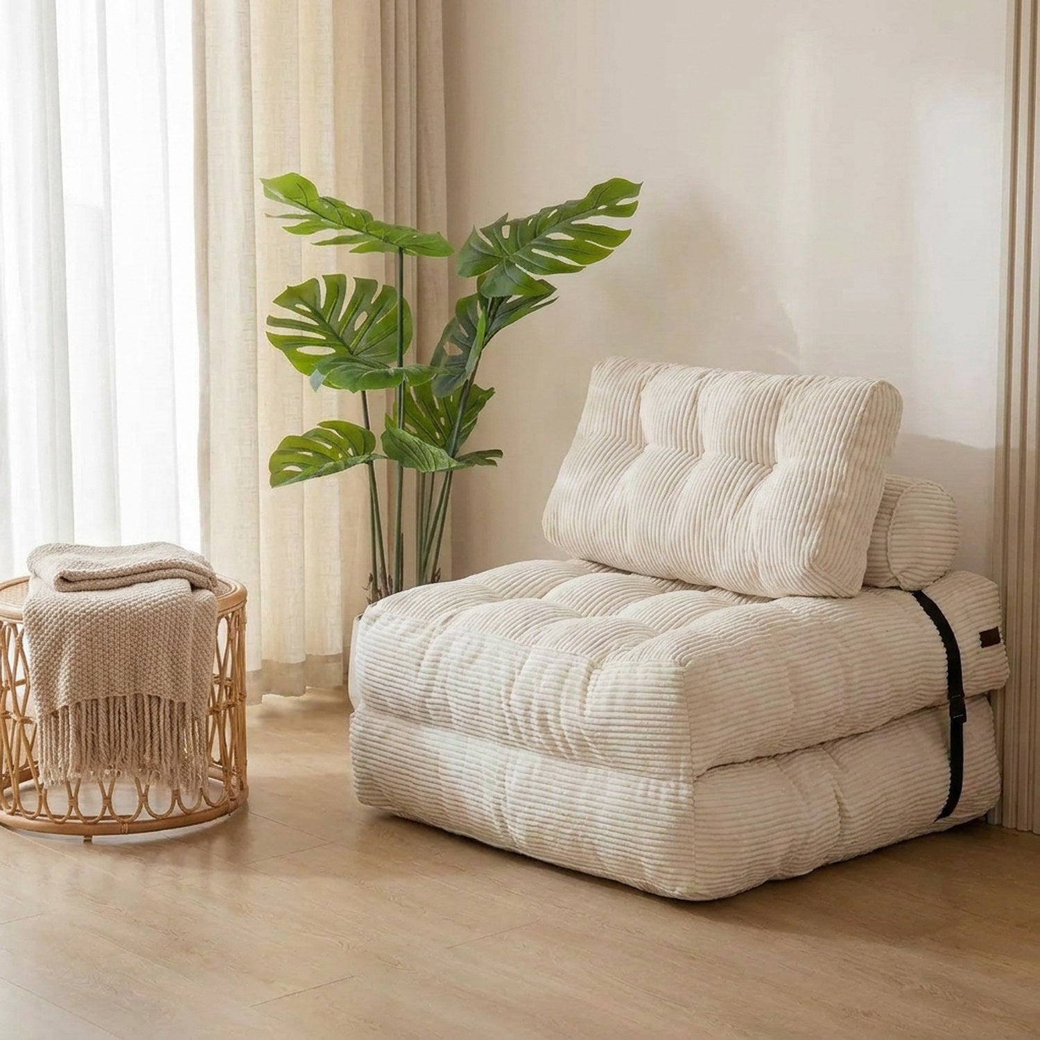 Chaise pliante convertible blanche en velours côtelé posée dans un salon lumineux avec plante verte