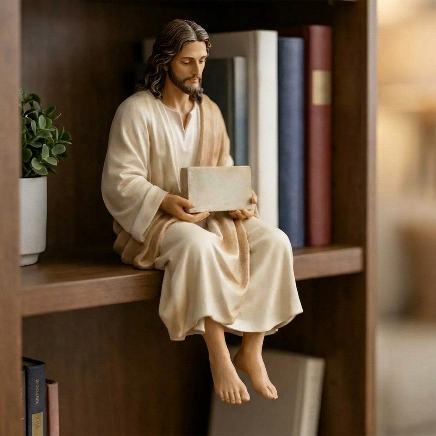 Statue de Jésus assis tenant un message de foi posée au bord d'une étagère en bois