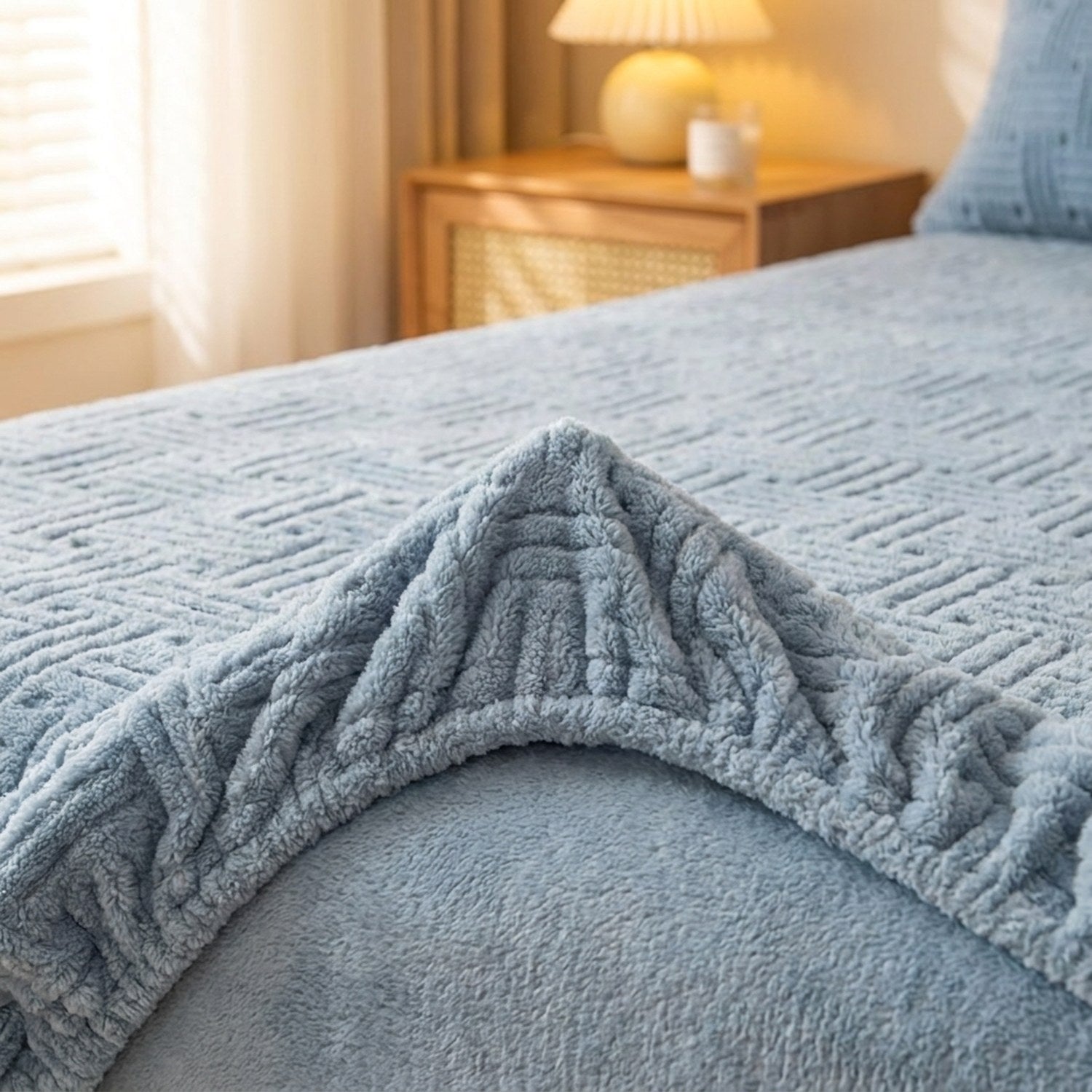 Coin replié d'un drap-housse bleu pâle en peluche gaufrée montrant l'élastique