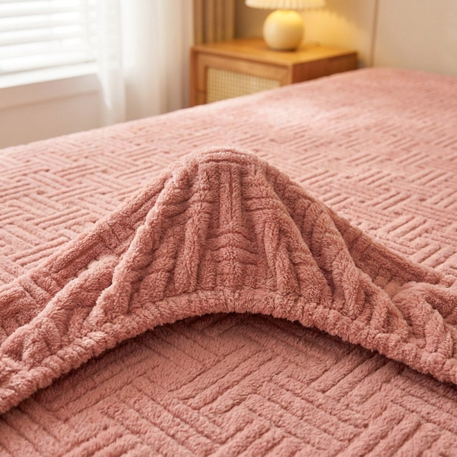 Coin replié d'un drap-housse rose poudré en peluche gaufrée montrant l'élastique
