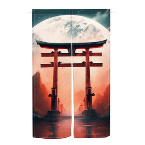 Vue à plat du rideau de porte noren montrant le motif torii et pleine lune