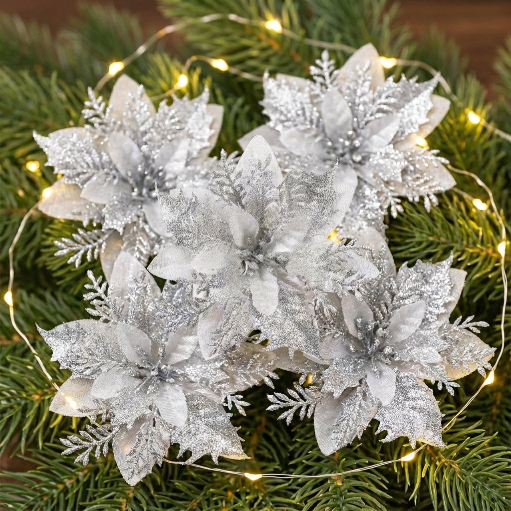 Lot de 5 fleurs poinsettia argentées à paillettes pour sapin de Noël