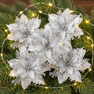 Lot de 5 fleurs poinsettia argentées à paillettes pour sapin de Noël
