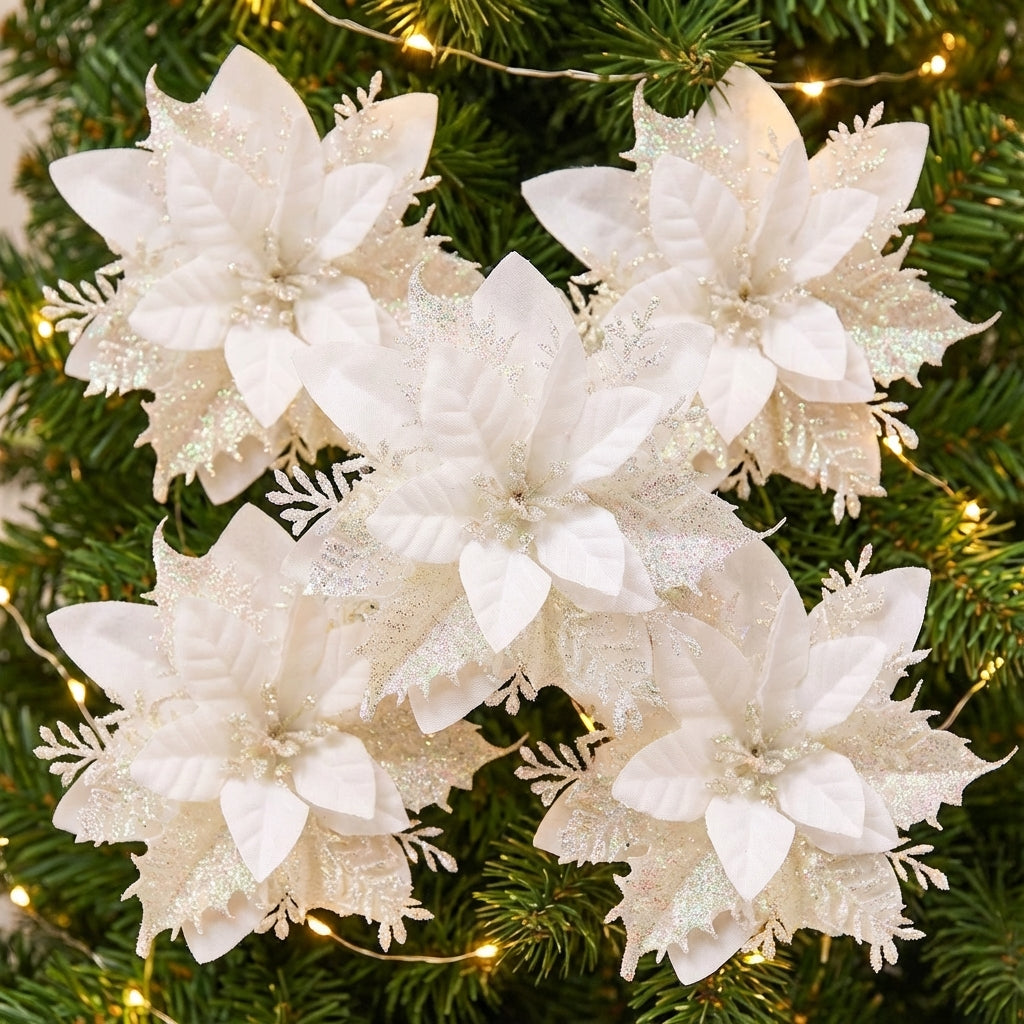 Lot de 5 fleurs poinsettia blanches à paillettes pour sapin de Noël