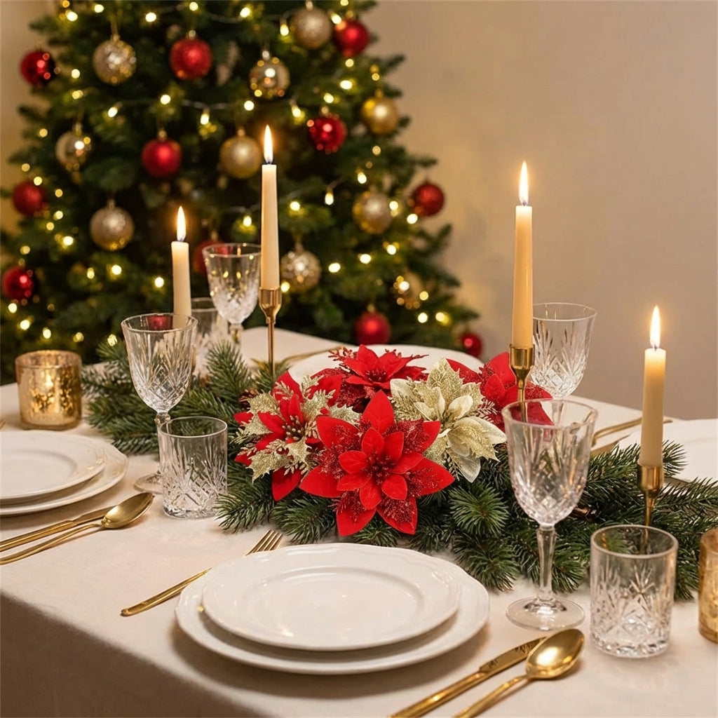 Centre de table de Noël avec fleurs poinsettia à paillettes rouges et dorées