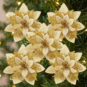 Lot de 5 fleurs poinsettia dorées à paillettes pour sapin de Noël