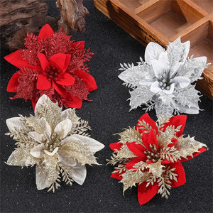 Quatre fleurs poinsettia à paillettes rouge argenté doré et blanc