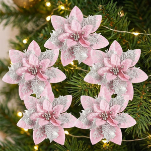 Lot de 5 fleurs poinsettia roses à paillettes pour sapin de Noël