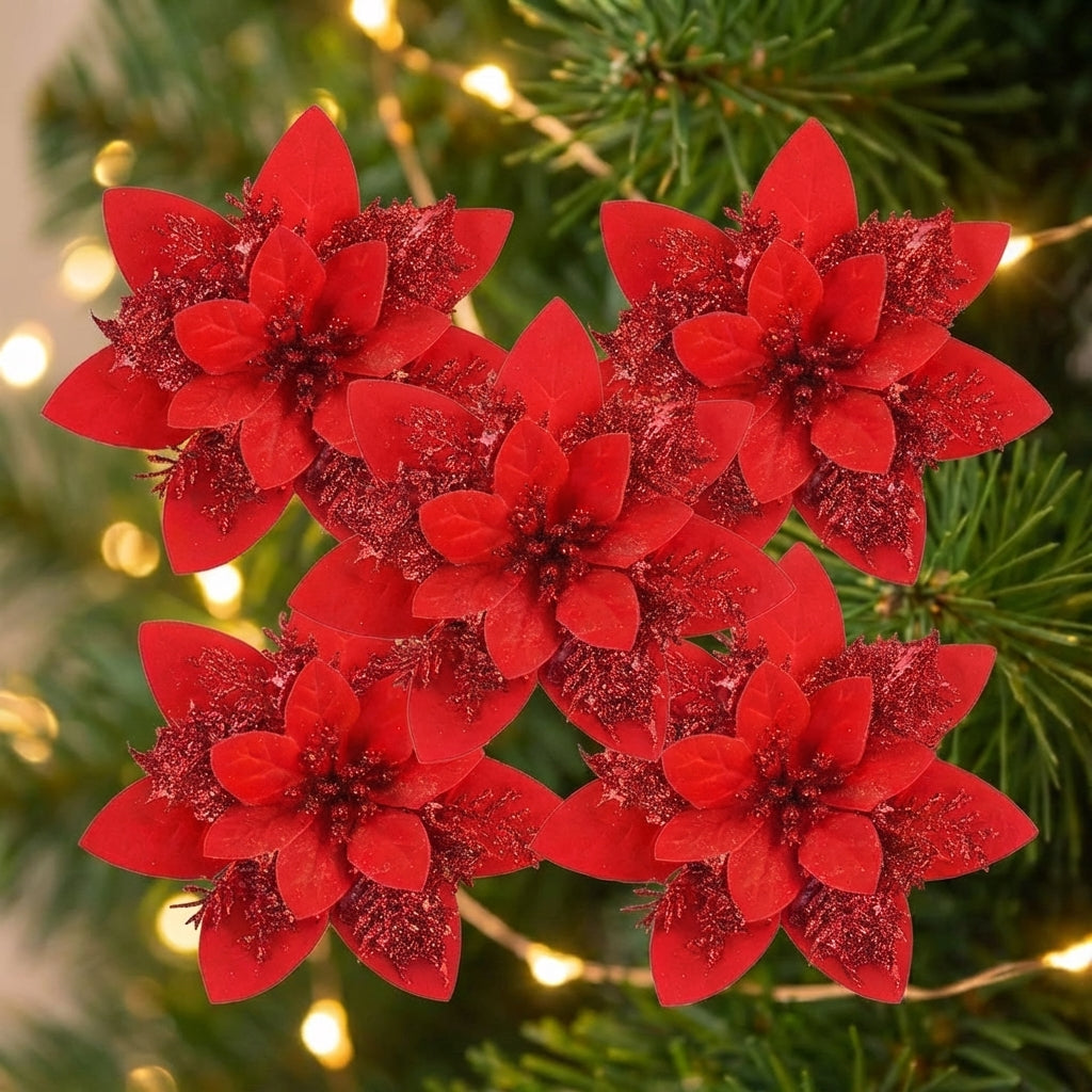 Lot de 5 fleurs poinsettia rouges à paillettes pour sapin de Noël