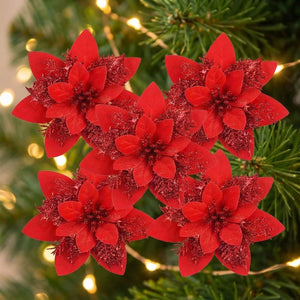 Lot de 5 fleurs poinsettia rouges à paillettes pour sapin de Noël