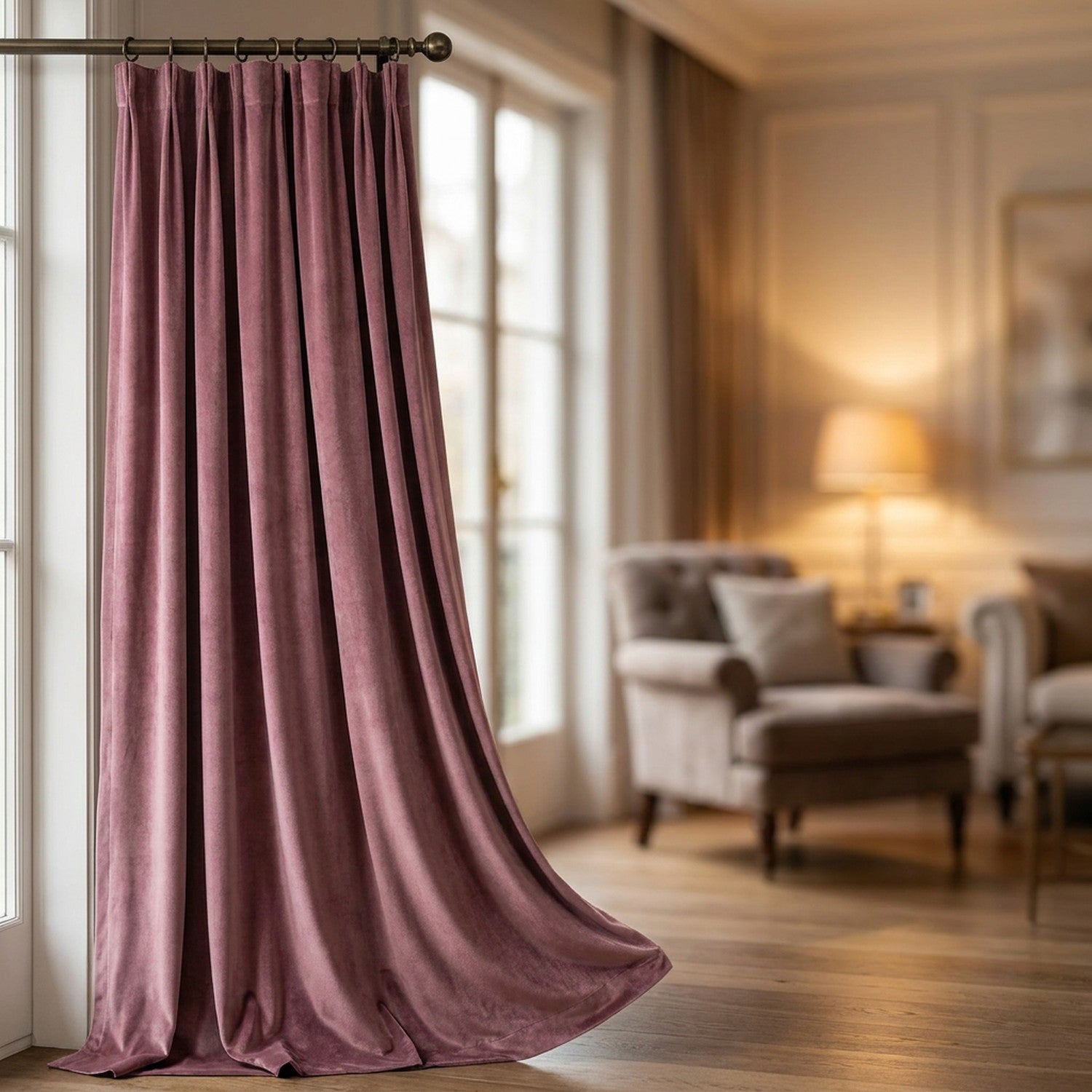 Rideau en velours vieux rose suspendu à une fenêtre dans un salon lumineux