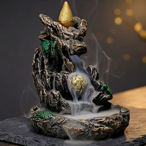 Fontaine à encens modèle Sphère avec rocher et boule dorée en résine