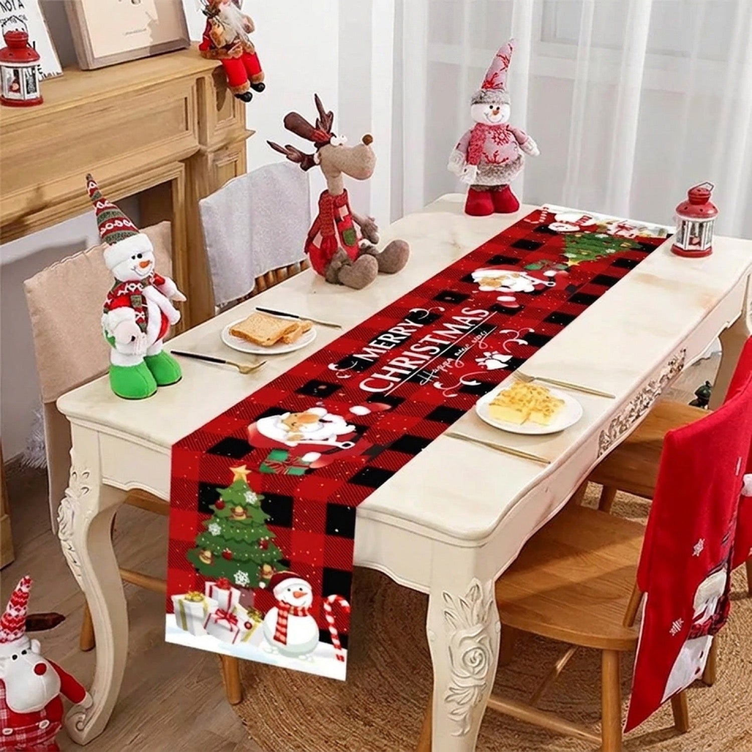 Chemin de table de Noël motif Père Noël carreaux