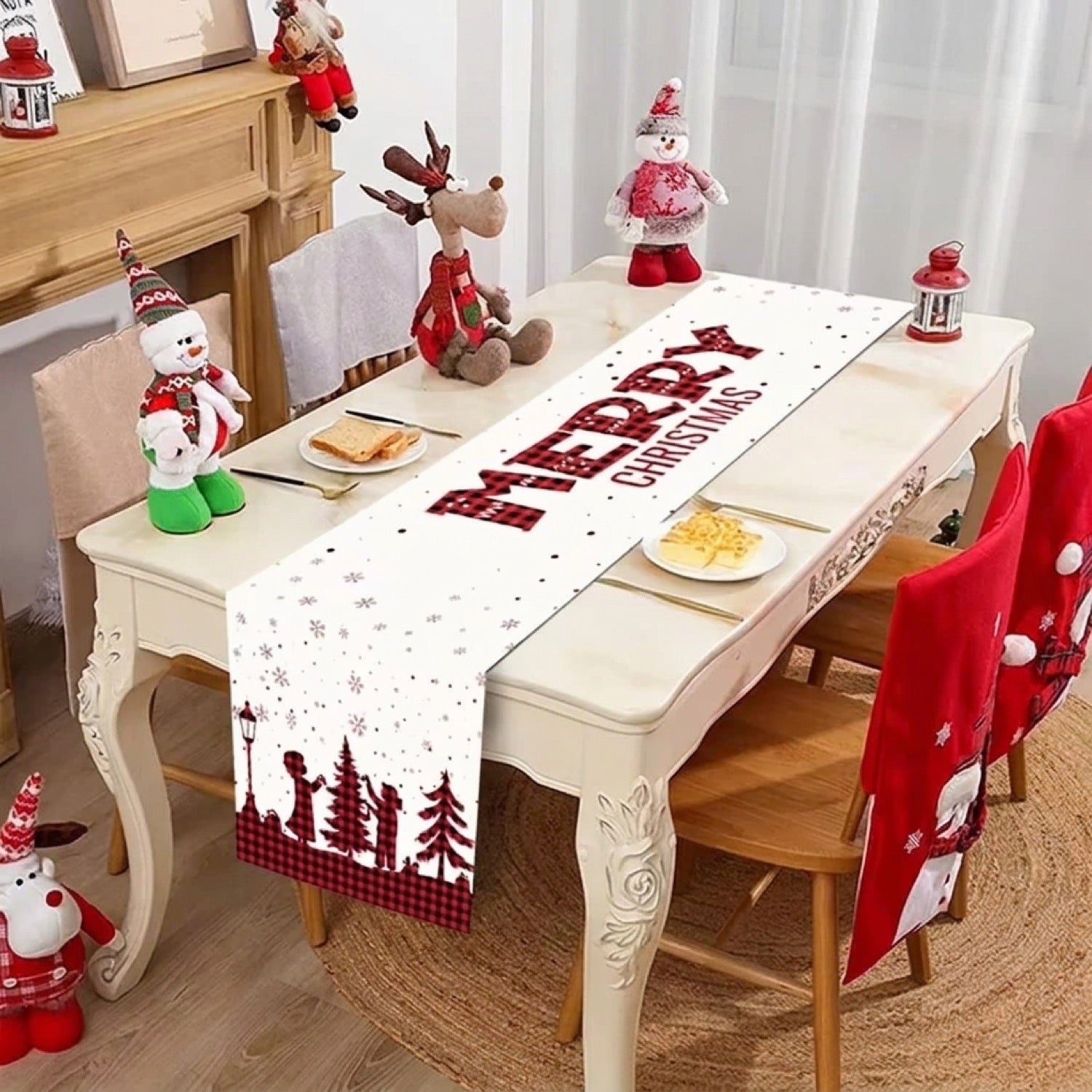 Chemin de table de Noël motif Village enneigé