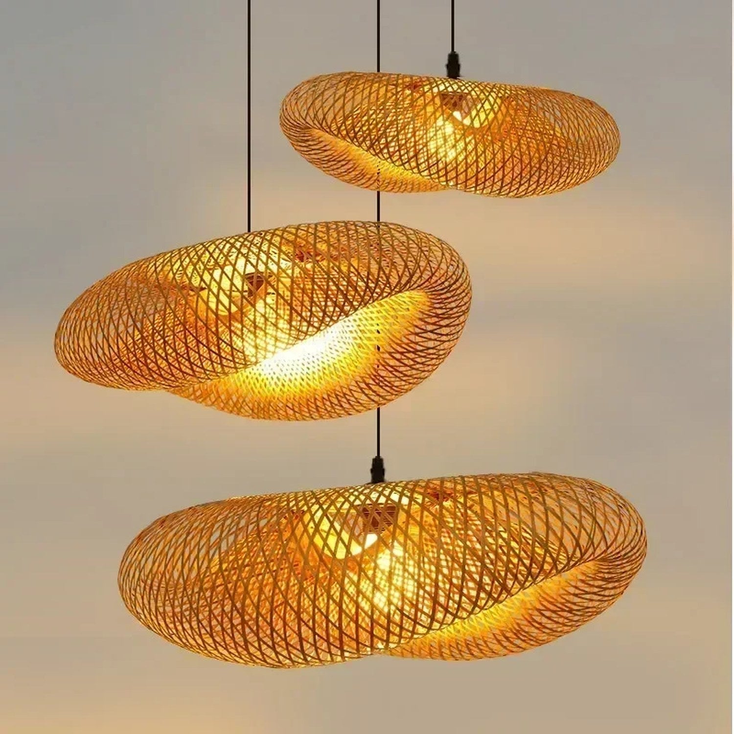 Suspension bambou forme vague 36cm - abat-jour naturel tressé main