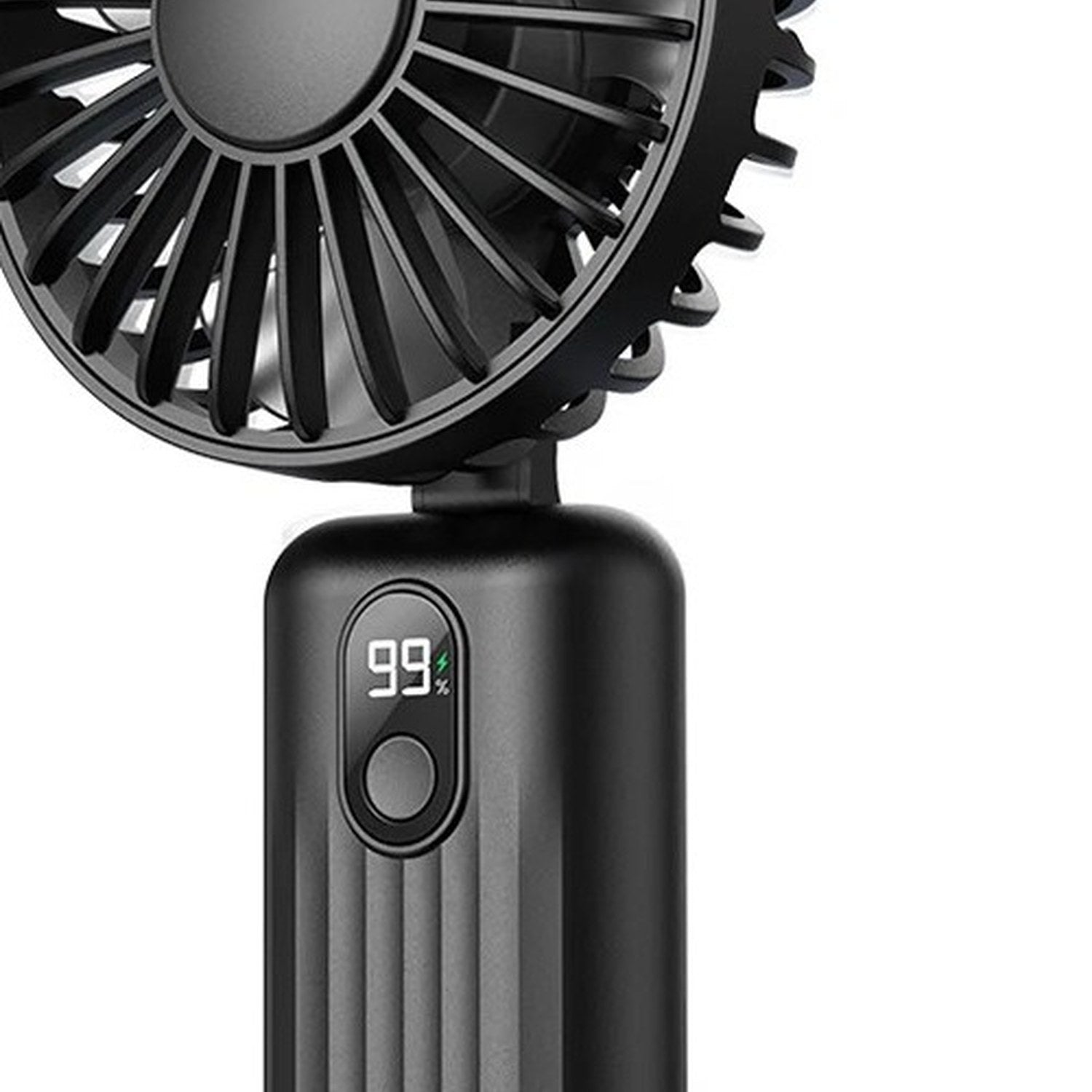 Ventilateur portable noir avec écran LED affichant le niveau de batterie